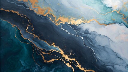 Delicate fluidity flows in this exquisite blue and gold abstract, a mesmerizing mix of elegant shades creating a dynamic visual texture suitable for various creative designs.