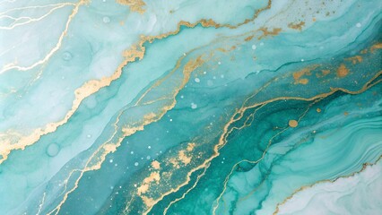 Elegant abstract background presents swirling patterns of turquoise and white accentuated with streams of shimmering gold creating a dreamy, marbled aesthetic.
