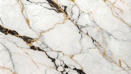 Exquisite white marble with striking black veins and gold accents offers a luxurious texture, ideal for backgrounds or designs adding elegance and sophistication to any project.