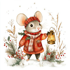 cute mouse wearing red winter coat and hat holds lantern, surrounded by festive greenery and berries, evoking warm holiday spirit