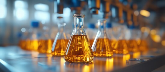 Close-up of multiple Erlenmeyer flasks filled with a yellow liquid, resting on a white counter in a laboratory setting.