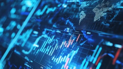 Obraz premium Close-up of a digital screen displaying financial data, including graphs, charts, and a world map, with a blue and white color scheme.