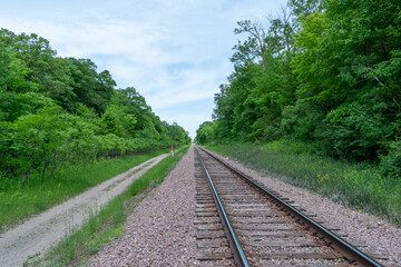 Obraz premium A beautiful view of train tracks off to the horizon surrounded by greenery.