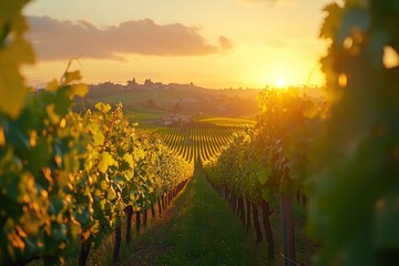 Fototapeta premium A picturesque vineyard landscape at sunset, with rows of grapevines stretching towards the horizon, bathed in golden light.