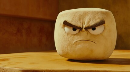 A character resembling a marshmallow with an angry expression, set against a simple background.