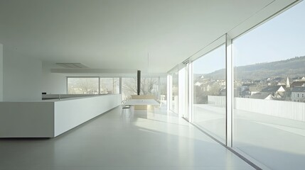 Obraz premium Modern Minimalist Interior with Expansive Windows and Clean Lines Offering Scenic Views of Nature and Urban Landscape in a Bright, Open Space