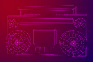 Retro Boombox outdated portable cassette tape recorder. Wireframe low poly mesh vector illustration.