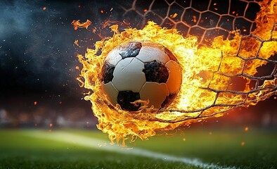 Fototapeta premium Blazing Soccer Ball Soaring Through Flaming Goal Net