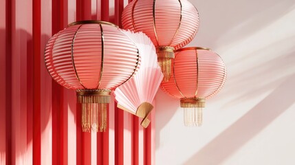 Elegant Red Paper Lanterns and Fan Against Cozy White Wall with Vertical Red Stripes for Festive Decor and Cultural Celebrations, Perfect for Oriental-Themed Events