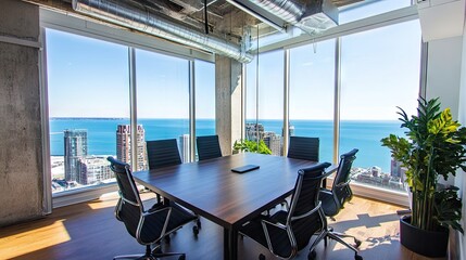 Modern Conference Room with Panoramic View of Sea and City Skyline, Bright Natural Light and Stylish Furniture in Urban Office Setting