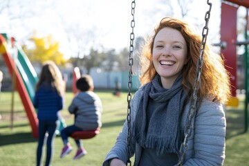 A teacher assistant supervising kids at recess, watching over them with a smile as they play on swings and slides, ensuring everyone is safe and happy. Bright outdoor lighting.