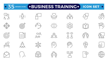 Business training line icons collection. Workshop, lecture, education icons. UI icon set. Interpersonal skills, confidence, problem solving, communication outline icon.Editable stroke outline icon.

