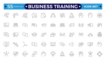 Business training line icons collection. Workshop, lecture, education icons. UI icon set. Interpersonal skills, confidence, problem solving, communication outline icon.Editable stroke outline icon.
