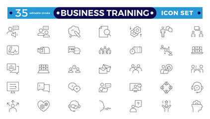 Business training line icons collection. Workshop, lecture, education icons. UI icon set. Interpersonal skills, confidence, problem solving, communication outline icon.Editable stroke outline icon.
