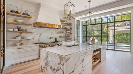 Luxury kitchen design with Italian marble countertops, brass fixtures, open shelving, and high gloss finish,