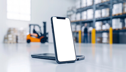 Smartphone displaying user interface in industrial warehouse modern technology setup professional environment focused viewpoint digital marketing concept