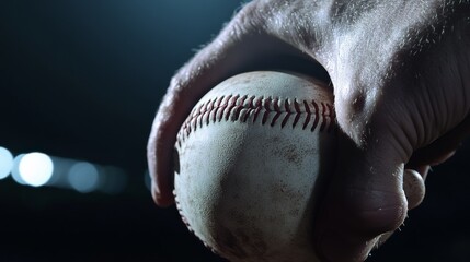 Obraz premium A baseball pitcher's fingers gripping the seams of the ball, outdoor setting with stadium lights, Dramatic style