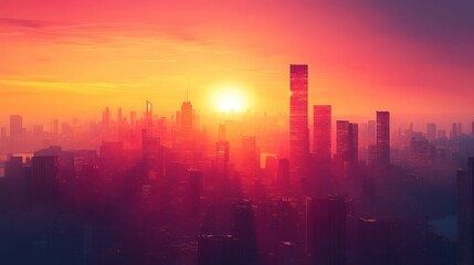 A panoramic view of a city skyline at sunrise, with the sun shining brightly behind the tall buildings.