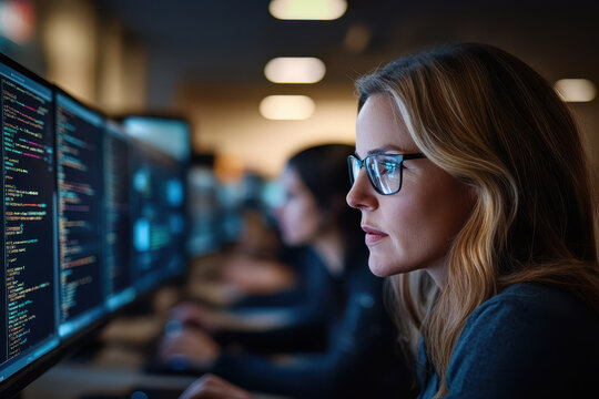Focused woman coding on computer screens in tech environment