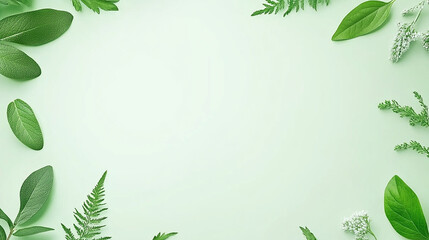 Green leaves and flowers arranged around a green background with copy space.