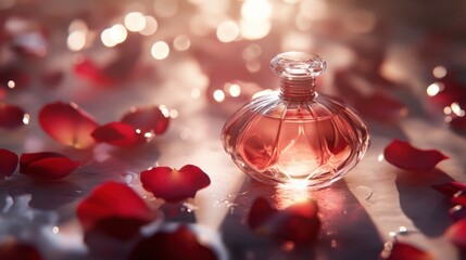 A Glass Bottle of Perfume Resting on Rose Petals