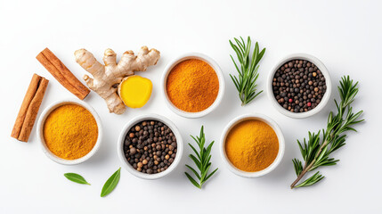 Bright and vibrant spices arranged in bowls with fresh herbs
