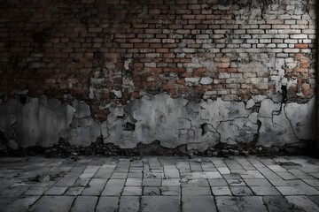 Old brick wall with peeling paint and rough cement floor dark dividing line between wall and floor, AI Generated