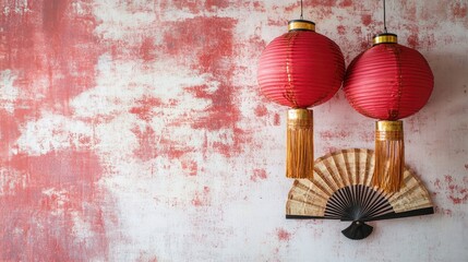 Decorative Red Lanterns and Traditional Fan Against a Textured Wall in a Rustic Asian Interior Setting for Cultural or Festive Themes