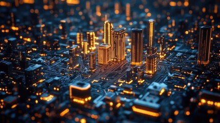 Futuristic city skyline illuminated on a circuit board 