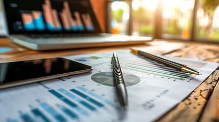 A close-up of a business strategy board with charts, sticky notes, and a digital tablet on a wooden table.