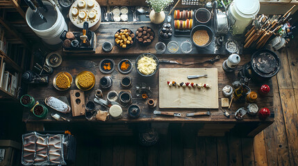 Overhead View of a Rustic Kitchen Counter with Baking Supplies and Ingredients - Photo