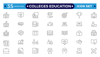 Colleges education icons. School, University, Back to school, Classroom, students and teacher. Science Education and knowledge outline icon. Editable stroke outline icon.
