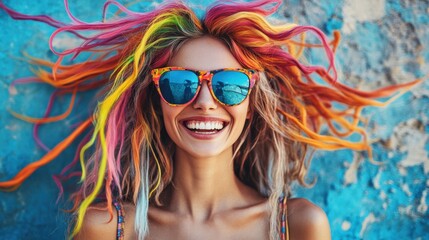 A crazy girl with colorful hair and modern sunglasses in front of a wall