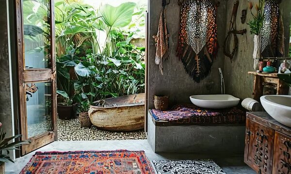 Bohemian bathroom with colorful tiles, eclectic decor, and a view of a lush garden