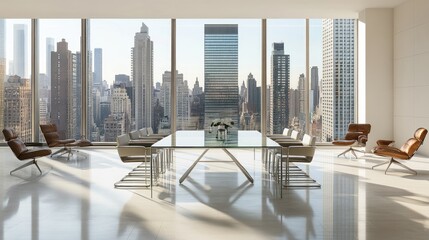 Obraz premium Modern Conference Room with Panoramic City View Featuring Sleek Furniture, Natural Light, and Urban Skyline in a High-Rise Building