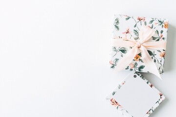 Beautiful Floral Gift Wrap with Ribbon and Blank Tag
