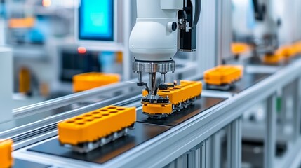 Fototapeta premium Robotic Arm Assembling Plastic Components on a Conveyor Belt in a Modern Factory