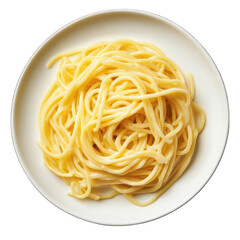 A Italian pasta which is made by twisting long, thick noodles around a knitting needle on white plate on transparent