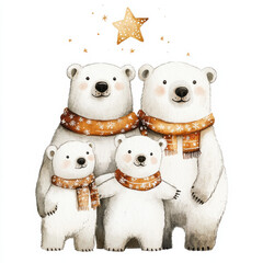 Cute polar bear family wearing scarves, surrounded by stars. Perfect for holiday themes and children decor