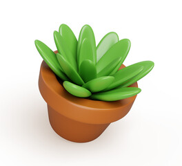 3d home potted plant in flowerpot cartoon isolated render icon. Green houseplant succulent or aloe growth in terracotta clay pot for house garden or office interior decor bundle. 3D illustration