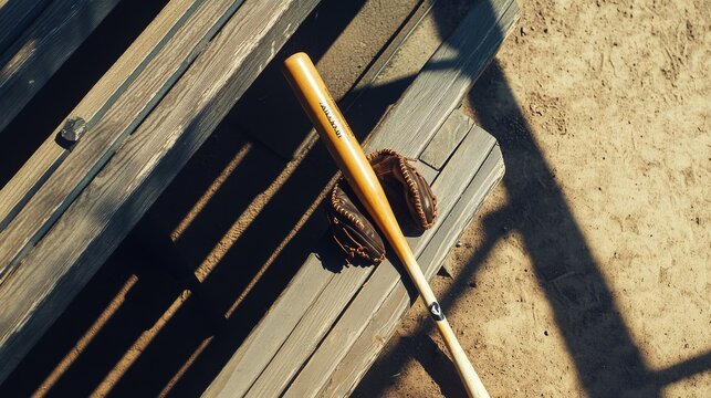 A baseball player's bat and batting gloves on the dugout bench, outdoor setting with evening shadows, Vintage style