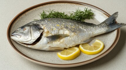 Whole roasted fish on a plate with lemon slices and rosemary sprigs.