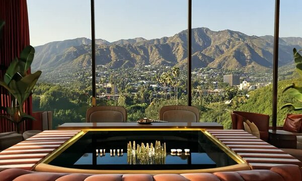 Hollywood Glam hotel lobby with luxurious furnishings, opulent details, and a view of a scenic mountain range