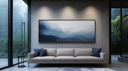 Cozy Modern Living Room with Contemporary Couch, Minimalist Decor, Serene Landscape Artwork, and Large Windows Showing Lush Greenery Outdoors