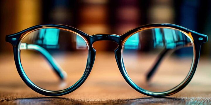 Classic eyeglasses on a wooden table, ideal for fashion and lifestyle content, optician advertising, or visual health education