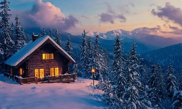 Traditional log cabin set on a snow-covered peak, featuring a warm exterior and a stunning view of a forested valley below