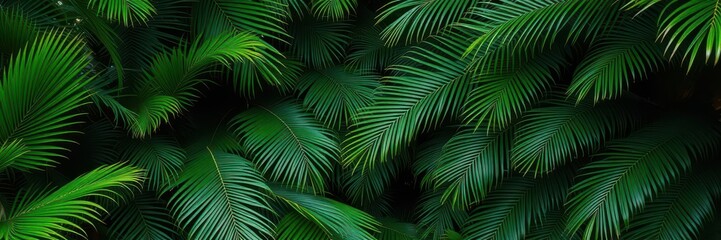 Lush green tropical palm leaves in a dense jungle setting, jungle