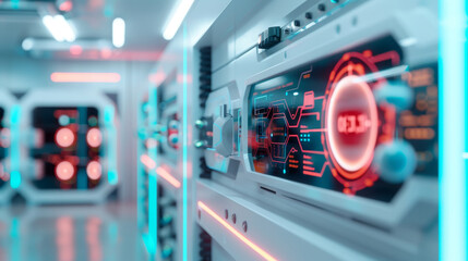 High-tech data processing equipment in a modern server room digital interface design futuristic environment close-up view technology innovation