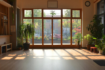 A large room with a lot of plants and a clock on the wall