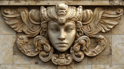 Fantasy portrait, Mayan relief ornament, symmetrical wall design